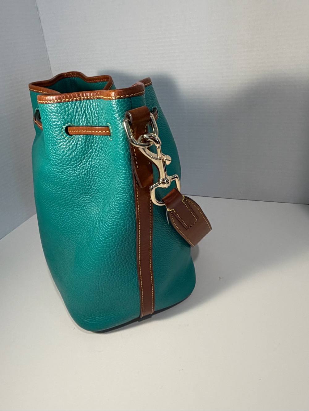 Dooney & Bourke Pebble Grain Leather Tasha Drawstring Shoulder Bag - Teal - Picture 5 of 9